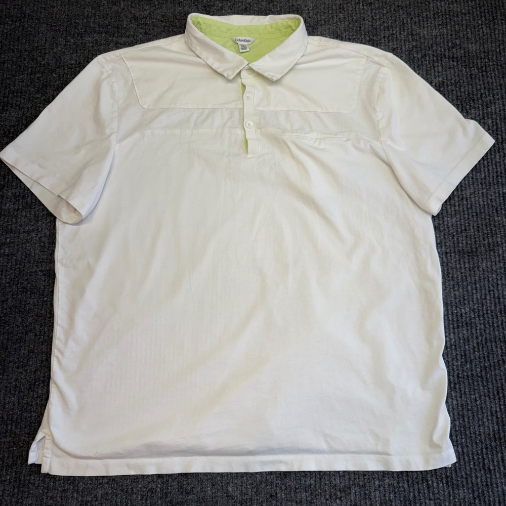 White‎ Calvin Klein Polo Shirt Men's XXL Green Collar 100% Cotton Short Sleeve